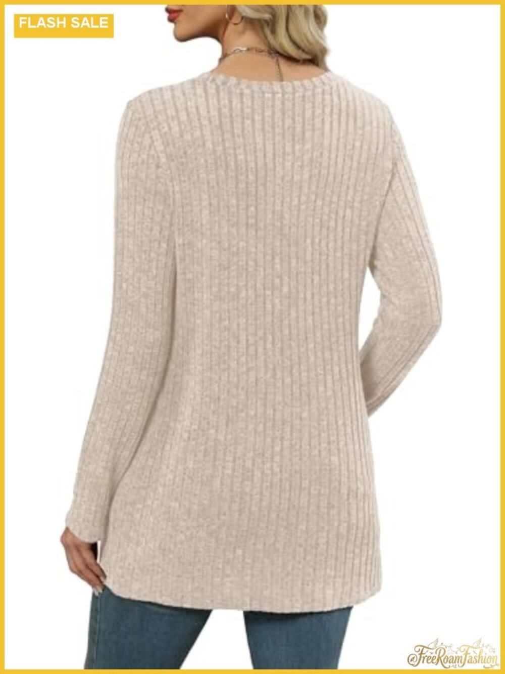 Womens Long Sleeve Tunic Top Crewneck Loose Fit Sweater with Pockets - Picture 3 of 5